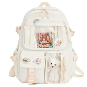 fetnhu preppy backpack, kawaii backpack with kawaii pin and accessories for girls school cute aesthetic backpack (white)