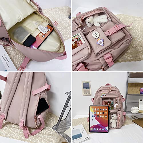 FETNHU Preppy Backpack, Kawaii Backpack with Kawaii Pin And Accessories for Girls School Cute Aesthetic Backpack (White)