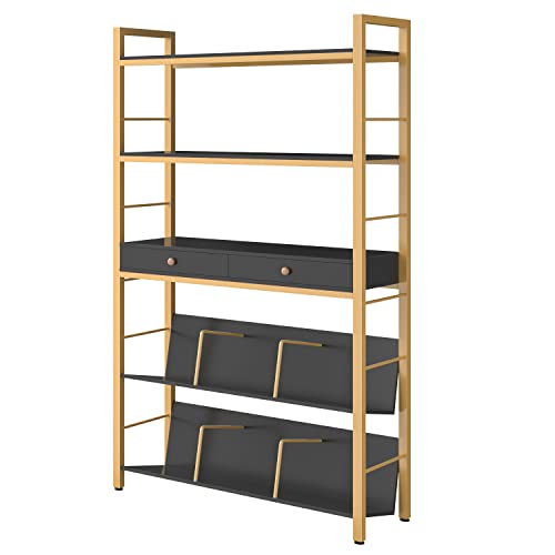 YAOHUOO Bookshelf with 2 Drawers-31.5” Widen Industrial Book Shelf with Bookend, 5 Tiers Tall Storage Shelves, Steel Frame Display Rack, Suitable for Bedroom,Office,Living Room,Bathroom