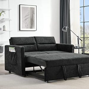 Polibi 54.5'' Modern Convertible Sleeper Sofa Bed with Two Arm Pockets, Chenille Fabric Sofa w/Pull-Out Loveseat Sofa Couch and Adjustable Back for Living Room (Black)