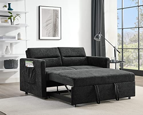 Polibi 54.5'' Modern Convertible Sleeper Sofa Bed with Two Arm Pockets, Chenille Fabric Sofa w/Pull-Out Loveseat Sofa Couch and Adjustable Back for Living Room (Black)