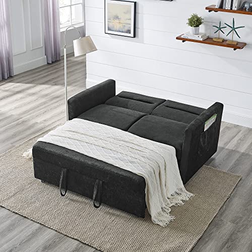 Polibi 54.5'' Modern Convertible Sleeper Sofa Bed with Two Arm Pockets, Chenille Fabric Sofa w/Pull-Out Loveseat Sofa Couch and Adjustable Back for Living Room (Black)