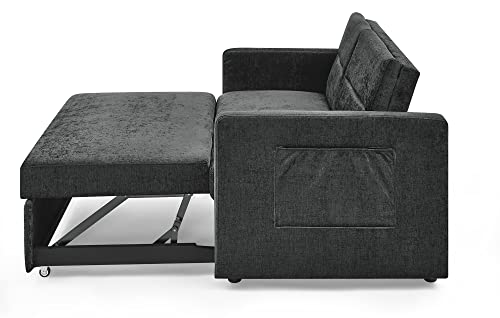 Polibi 54.5'' Modern Convertible Sleeper Sofa Bed with Two Arm Pockets, Chenille Fabric Sofa w/Pull-Out Loveseat Sofa Couch and Adjustable Back for Living Room (Black)