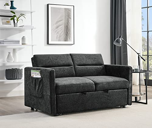 Polibi 54.5'' Modern Convertible Sleeper Sofa Bed with Two Arm Pockets, Chenille Fabric Sofa w/Pull-Out Loveseat Sofa Couch and Adjustable Back for Living Room (Black)