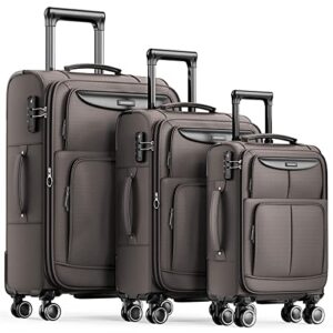 showkoo luggage sets 3 piece softside expandable lightweight durable suitcase sets double spinner wheels tsa lock light coffee (20in/24in/28in)­