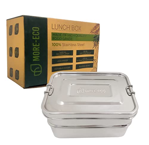 MORE-ECO Classic Stainless Steel Bento Lunch Box Lunch Container Design Holds a Variety of Foods - Metal Bento Box - Dishwasher Safe - Stainless Lid - Stainless 5-in-1