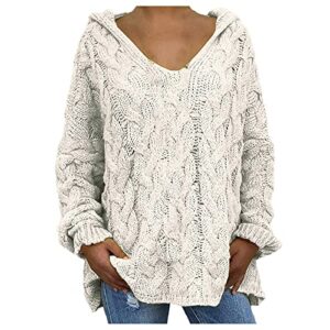 womens casual long sleeve v neck chunky knit pullover sweater loose plus size hoodie size with (white, m)