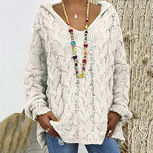 Womens Casual Long Sleeve V Neck Chunky Knit Pullover Sweater Loose Plus Size Hoodie Size with (White, M)