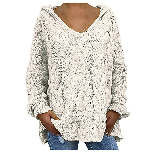 Womens Casual Long Sleeve V Neck Chunky Knit Pullover Sweater Loose Plus Size Hoodie Size with (White, M)