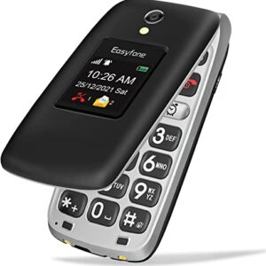 Easyfone Prime-A1 Pro 4G Big Button Flip Cell Phone for Seniors | Easy-to-Use | Clear Sound | SOS Button w/GPS | SIM Card & Flexible Plans | Convenient Charging Dock (Black)