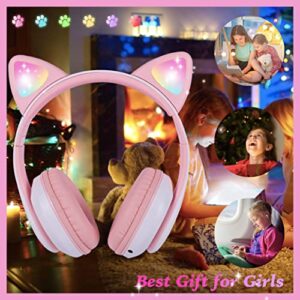 kuyaon Wireless Headphones for Kids, Cat Ear LED Light Up Bluetooth Kids Headphones with Microphone for School/Travel/Sports/Gaming/Gifts/Christmas (Pink)