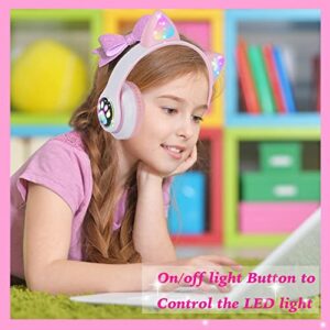 kuyaon Wireless Headphones for Kids, Cat Ear LED Light Up Bluetooth Kids Headphones with Microphone for School/Travel/Sports/Gaming/Gifts/Christmas (Pink)