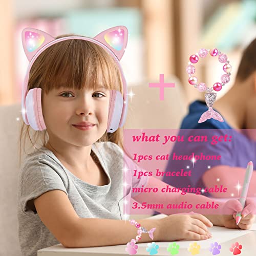 kuyaon Wireless Headphones for Kids, Cat Ear LED Light Up Bluetooth Kids Headphones with Microphone for School/Travel/Sports/Gaming/Gifts/Christmas (Pink)