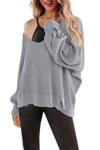 senserise womens v neck waffle knit tops long sleeve shirts oversized sweater pullover(light grey,m)