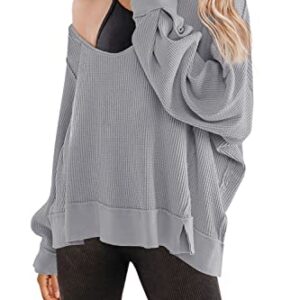 SENSERISE Womens V Neck Waffle Knit Tops Long Sleeve Shirts Oversized Sweater Pullover(Light Grey,M)