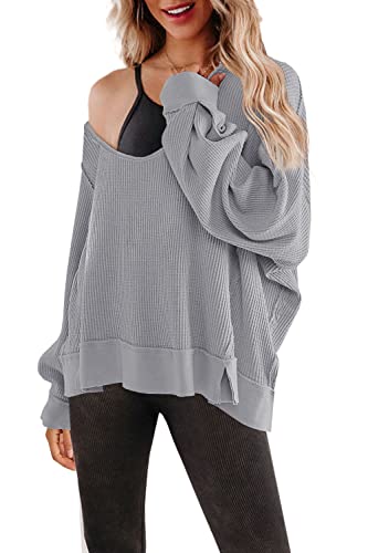 SENSERISE Womens V Neck Waffle Knit Tops Long Sleeve Shirts Oversized Sweater Pullover(Light Grey,M)