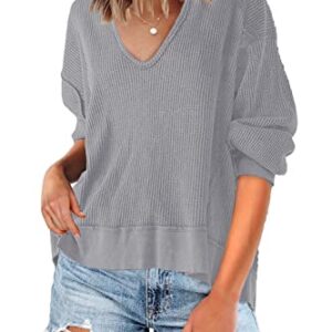 SENSERISE Womens V Neck Waffle Knit Tops Long Sleeve Shirts Oversized Sweater Pullover(Light Grey,M)