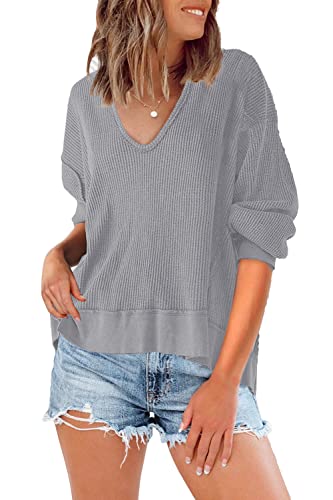 SENSERISE Womens V Neck Waffle Knit Tops Long Sleeve Shirts Oversized Sweater Pullover(Light Grey,M)