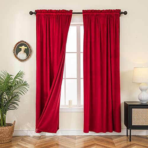 WOD FAMY Velvet Blackout Curtains Drapes Rod Pocket for Living Room/French Door, 52Wx84L Inch Per Panel, 2 Pcs Red Wine