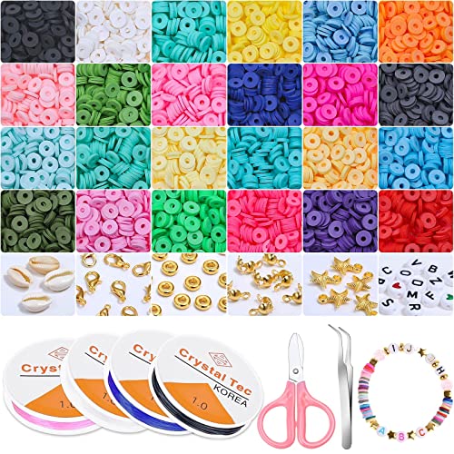 5310 Pcs Clay Beads 6mm 24 Colors Flat Round Polymer Clay Spacer Beads Heishi Beads Kit with 260 Pcs Letter Beads 240 Pcs Pendants and 4 Roll Elastic Strings for DIY Jewelry Making Bracelets Necklace