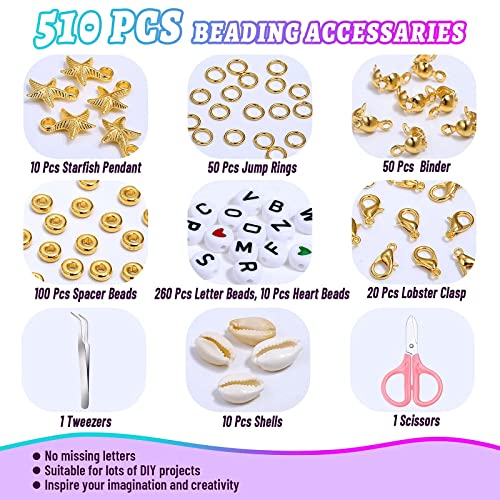 5310 Pcs Clay Beads 6mm 24 Colors Flat Round Polymer Clay Spacer Beads Heishi Beads Kit with 260 Pcs Letter Beads 240 Pcs Pendants and 4 Roll Elastic Strings for DIY Jewelry Making Bracelets Necklace