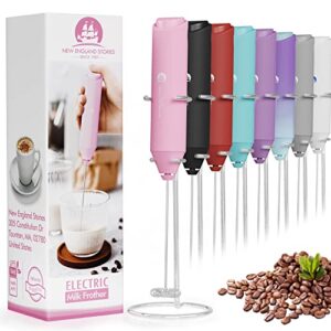 electric milk frother handheld, battery operated whisk beater foam maker for coffee, cappuccino, latte, matcha, hot chocolate, mini drink mixer, with stand, pink