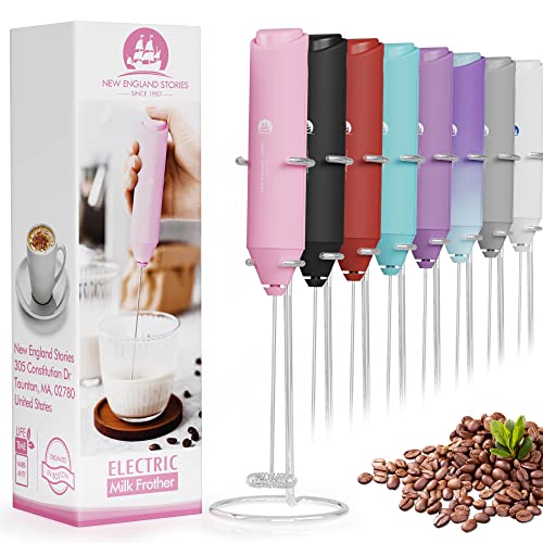 Electric Milk Frother Handheld, Battery Operated Whisk Beater Foam Maker for Coffee, Cappuccino, Latte, Matcha, Hot Chocolate, Mini Drink Mixer, With Stand, Pink