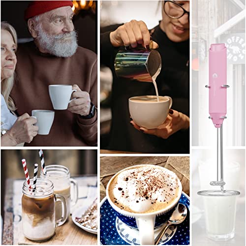 Electric Milk Frother Handheld, Battery Operated Whisk Beater Foam Maker for Coffee, Cappuccino, Latte, Matcha, Hot Chocolate, Mini Drink Mixer, With Stand, Pink