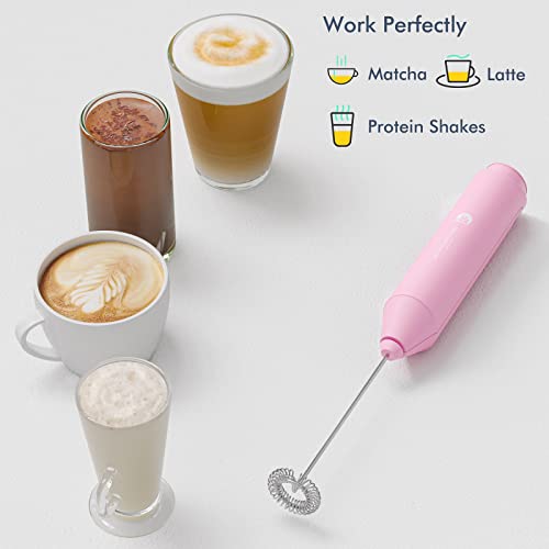 Electric Milk Frother Handheld, Battery Operated Whisk Beater Foam Maker for Coffee, Cappuccino, Latte, Matcha, Hot Chocolate, Mini Drink Mixer, With Stand, Pink