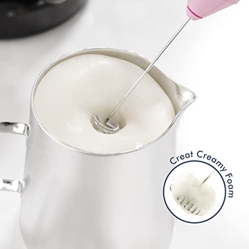 Electric Milk Frother Handheld, Battery Operated Whisk Beater Foam Maker for Coffee, Cappuccino, Latte, Matcha, Hot Chocolate, Mini Drink Mixer, With Stand, Pink