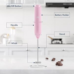 Electric Milk Frother Handheld, Battery Operated Whisk Beater Foam Maker for Coffee, Cappuccino, Latte, Matcha, Hot Chocolate, Mini Drink Mixer, With Stand, Pink