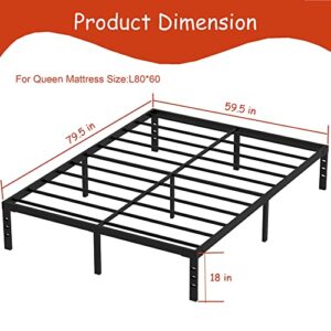 Tooyyer Queen Size Bed Frame 18inch High Heavy Duty Metal Platform 2500 lbs Steel Slat Mattress Support Bed Frames No Box Spring Needed Non-Slip Noise Free Queen Frame