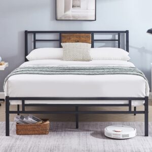 vecelo queen platform bed frame with headboard, heavy-duty mattress foundation with steel slats support, no box spring needed/easy assembly, black