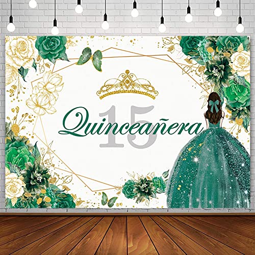 Sendy 7x5ft Quinceanera 15th Birthday Backdrop for Sweet Girl Mis Quince Anos 15th Birthday Party Decorations Green Gold Glitter Floral Crown Butterfly Banner Photography Background Cake Table Props