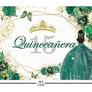 Sendy 7x5ft Quinceanera 15th Birthday Backdrop for Sweet Girl Mis Quince Anos 15th Birthday Party Decorations Green Gold Glitter Floral Crown Butterfly Banner Photography Background Cake Table Props