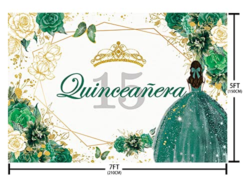 Sendy 7x5ft Quinceanera 15th Birthday Backdrop for Sweet Girl Mis Quince Anos 15th Birthday Party Decorations Green Gold Glitter Floral Crown Butterfly Banner Photography Background Cake Table Props