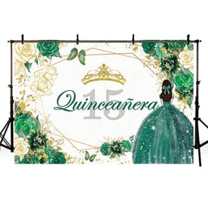 Sendy 7x5ft Quinceanera 15th Birthday Backdrop for Sweet Girl Mis Quince Anos 15th Birthday Party Decorations Green Gold Glitter Floral Crown Butterfly Banner Photography Background Cake Table Props