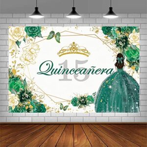 Sendy 7x5ft Quinceanera 15th Birthday Backdrop for Sweet Girl Mis Quince Anos 15th Birthday Party Decorations Green Gold Glitter Floral Crown Butterfly Banner Photography Background Cake Table Props