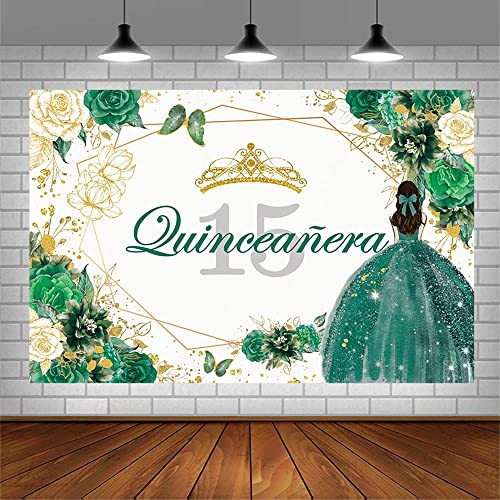 Sendy 7x5ft Quinceanera 15th Birthday Backdrop for Sweet Girl Mis Quince Anos 15th Birthday Party Decorations Green Gold Glitter Floral Crown Butterfly Banner Photography Background Cake Table Props