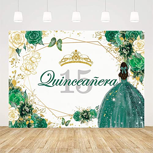 Sendy 7x5ft Quinceanera 15th Birthday Backdrop for Sweet Girl Mis Quince Anos 15th Birthday Party Decorations Green Gold Glitter Floral Crown Butterfly Banner Photography Background Cake Table Props