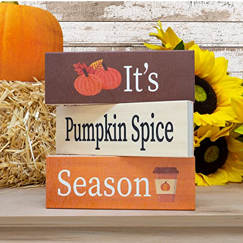 JennyGems It's Pumpkin Spice Season Wooden Block Signs, Fall Decor, Harvest Autumn Thanksgiving Decor, Fall Decorations for Home, Tiered Tray, Made in USA