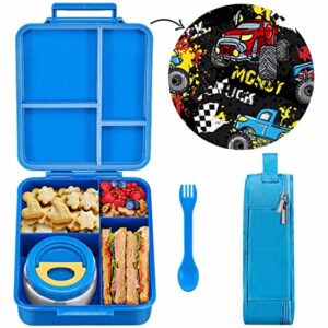 maison huis bento lunch box for kids with 8oz soup thermo, leakproof lunch compartment containers with 4 compartment bento box, thermo food jar and lunch bag, bpa free,travel, school(monster truck)