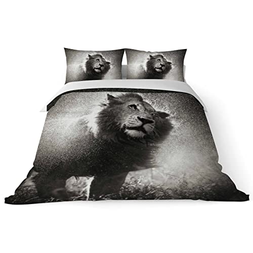 Duvet Cover Sets California King -Lion Animal Black White-Bedding Comforter Set Breathable SetsSoft Microfiber 3 Pcs