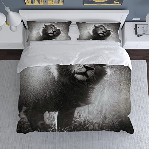 Duvet Cover Sets California King -Lion Animal Black White-Bedding Comforter Set Breathable SetsSoft Microfiber 3 Pcs