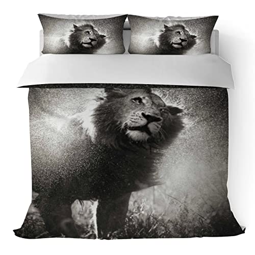 Duvet Cover Sets California King -Lion Animal Black White-Bedding Comforter Set Breathable SetsSoft Microfiber 3 Pcs