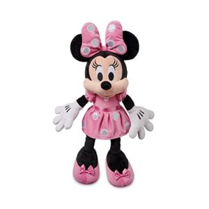 disney store official minnie mouse medium soft plush toy, medium 17 3/4 inches, iconic cuddly toy character in pink polka dot dress and bow with embroidered features, suitable for all ages