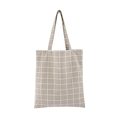 Hooshing Plaid Canvas Tote Bag with Zipper and Inside Pocket Reusable 100% Cotton for Shopping School Travel Gray