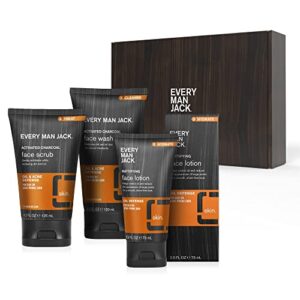 every man jack oil and acne defense skin care set -three full-size, fragrance free skin care essentials for a complete routine - activated charcoal face wash, activated charcoal face scrub, and mattifying face lotion