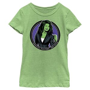 marvel girl's she-hulk jennifer walters circle badge t-shirt, green apple, small