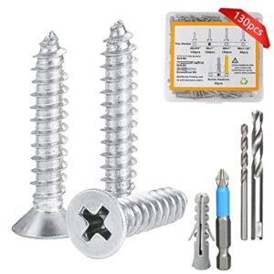 #6 x 1'' wood screws, short wood screws, flat head small screws, self tapping countersunk head drywall screws, cabinet screws, for repairing wood furniture, 130pcs and 20pcs screw anchors,drill bits